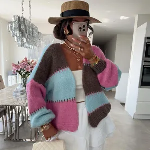Schickste Colorblock Cardigan Pullover für Damen, lässige bequeme Langarm Strickjacke.