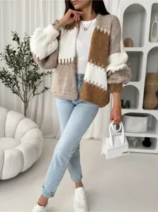 Damen Farbblock grobgestrickte Cardigan Jacke langarmige lose Freizeit Oberbekleidung