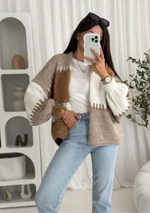 Farbblock Langarm Strickjacke für Damen, lässiger offener Pullover Mantel für den Herbst.