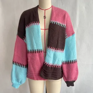 Farbblock Langarm Cardigan Pullover für Damen, lässige lose Strickjacke für Herbst und Winter.