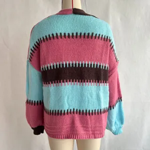 Farbblock Langarm Strickjacke Pullover, lose Freizeitstil für Damen Herbst Winter.