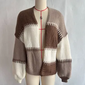 Farbblock langarm Strickjacke, lässiger Cardigan Pullover für Damen im Herbst und Winter.