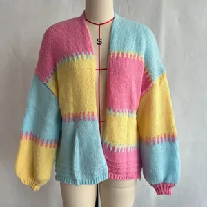 Bequemer Damen Oversized Farbblock Strickjacke Pullover, lässige Langarm Strickwaren Detail