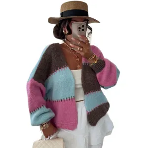 Damen Farbblock Cardigan Pullover lässige Langarm Strickjacke für Herbst und Winter.