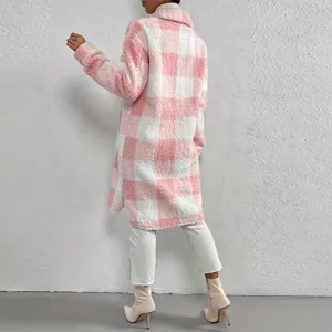Pink and white plaid sherpa coat for women, long fuzzy teddy fleece winter outerwear jacket.