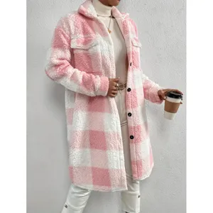 Detailed view of women pink white plaid fleece sherpa coat, casual long winter outerwear.