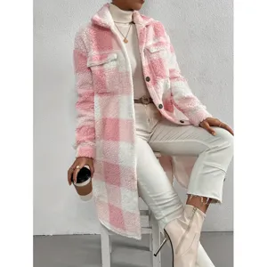 Detail shot of pink white plaid teddy coat, lapel collar, long sleeve, cozy winter outerwear.