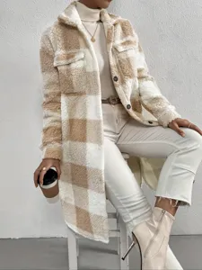 Plaid fluffy long coat detail showing chic lapel, cozy sherpa texture and relaxed fit style.