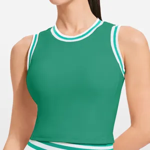 Green ribbed trim sports tank top for women, perfect for yoga, fitness and casual wear.