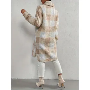 Women winter lapel long sleeve plaid sherpa fleece coat casual loose teddy outerwear