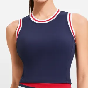 Women athletic tank top navy blue with red white striped trim fitness yoga activewear