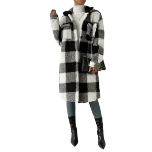 Black and white plaid sherpa coat women long sleeve lapel oversized fuzzy winter jacket