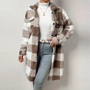 Women stylish plaid teddy fleece coat autumn winter long sleeve lapel casual outerwear