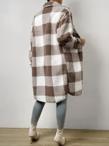 Women Autumn Winter Lapel Long Sleeve Plush Plaid Coat Casual Loose Long Outerwear