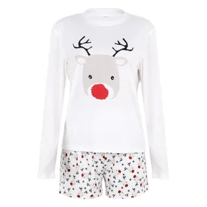 Detailed view of women's Christmas reindeer print long sleeve top and shorts pajamas.
