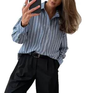 Casual blue and white striped long sleeve button down shirt for women daily wear.