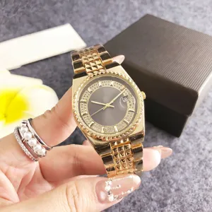 Luxury gold rhinestone women quartz watch with calendar date display and elegant pyramid bracelet link.