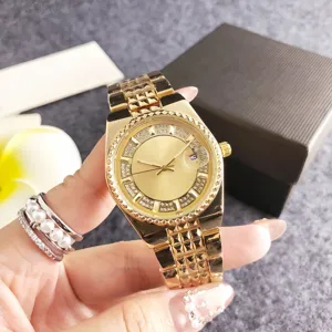 Luxury Womens Quartz Watch Rhinestone Stainless Steel Strap Business Casual Analog Wristwatch With Calendar