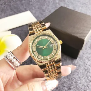 Luxury gold rhinestone women's watch with green dial and calendar quartz wristwatch detail.