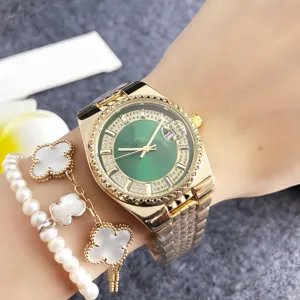 Luxury gold quartz women watch with green dial diamond bezel and elegant clover bracelets
