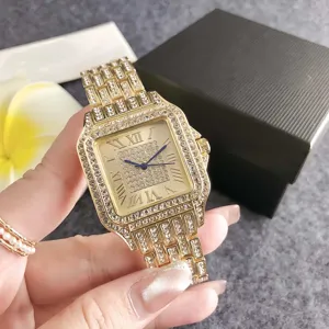 Luxus Gold Strass Quadratische Uhr für Damen, klassisches römisches Zifferblatt, elegantes Stahlarmband.