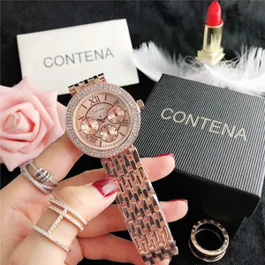 Elegante reloj de cuarzo para mujer en oro rosa con bisel de cristal y elegante brazalete.