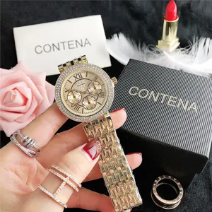 Elegante reloj de pulsera de cuarzo dorado para mujer con bisel de cristal y caja de regalo.
