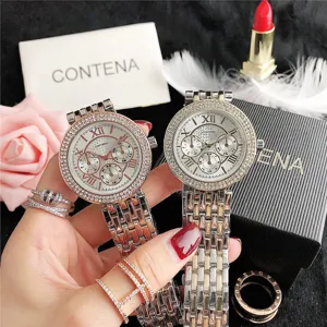 Reloj de cuarzo de lujo con diamantes de imitación para mujer, bisel de cristal brillante.