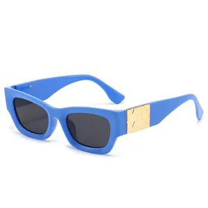 Modische dicke blaue Sonnenbrille mit goldener Metalldekoration fur sonnige Tage