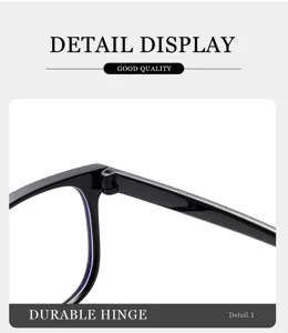 Detailed close-up view of black eyeglass frame highlighting durable hinge structure.