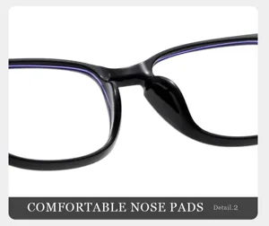 Close-up detail of black square eyeglasses nose pad, comfortable wear design, clear view.