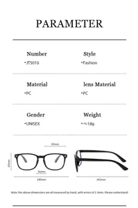 Detailed product parameter diagram showing dimensions, frame material PC, and weight specs.