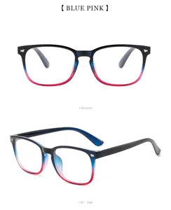 Blue pink gradient square glasses frame blue light blocking fashion eyewear detail view.