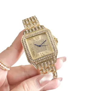 Luxus goldene Strass quadratische Quarzuhr für Damen, elegante funkelnde Kristall Armbanduhr.