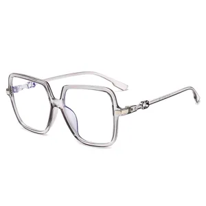 Trendy transparent grey square frame anti-blue light flat optical glasses for daily wear.