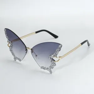 Detailed view of trendy butterfly sunglasses with gradient lenses and sparkling rhinestones.