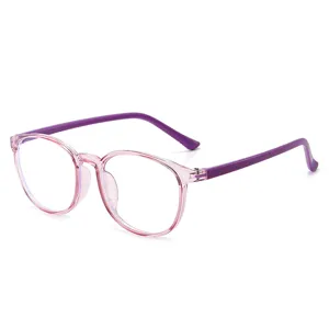 Transparante roze blauwlichtfilter bril voor kinderen, trendy ronde optische bril hoofdaanzicht.