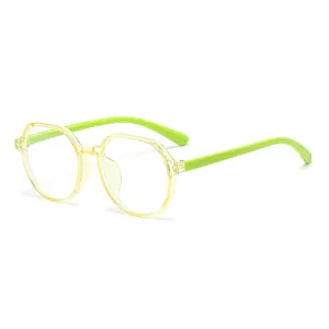 Süße Kinder Blaulichtfilter Brille mit transparentem gelbem Rahmen und grünen Bügeln.