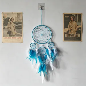 Blauer Feder Traumfaenger Wandbehang Handgemachte Deko fuer Schlafzimmer Zimmer Geschenk