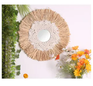 Specchio da parete intrecciato in paglia boho fatto a mano decorazione macramè corridoio