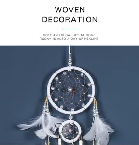 Atrapasueños blanco de doble anillo con plumas para decoración de pared y gran regalo.