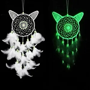 Handgemaakte Lichtgevende Kattenkop Dromenvanger Veren Windspiel Wandhang Decoratie Voor Kinderkamer Huisdecoratie