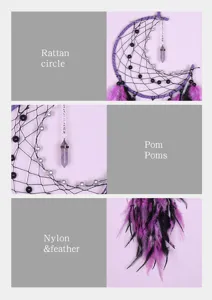 Λεπτομερής κοντινή λήψη του μωβ ονειροπαγίδας φεγγαριού με χειροποίητο ρατάν και φτερά.