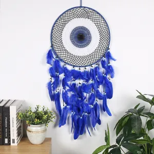 Gran Atrapasueños de Ojo Maligno con Plumas Azules Colgante de Pared Decoracion Hogar