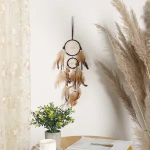 Indian style double ring dream catcher with feathers and wooden beads wall hanging decor