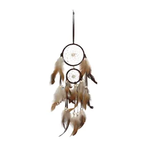 Indian style double ring dream catcher wall hanging, bohemian home decor main display view.