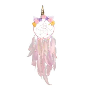 Handmade unicorn dream catcher with feathers, cute pink wall hanging decor for kids room