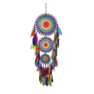 Indian style three-ring colorful dreamcatcher wall decor hanging with vibrant feathers.
