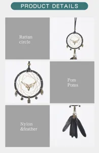 Detail view of the car dream catcher showing the delicate deer head charm and feather pendants.