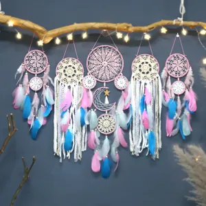 Dream catcher wall hanging 5-piece set with moon star pink blue feathers for bedroom decor